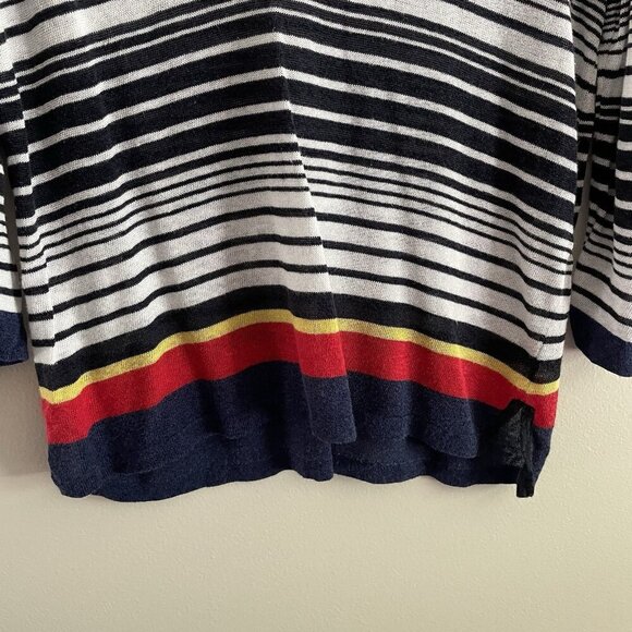 Anne Klein Women M White/Blue/Red Striped Linen Blend V-Neck 3/4 Sleeve Sweater - Picture 2 of 10